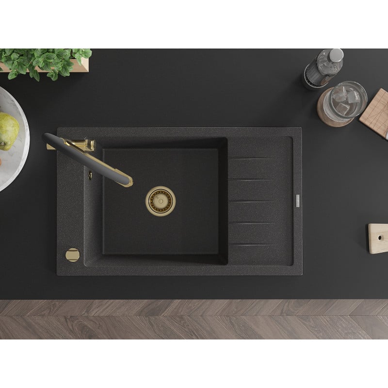 Mexen Elias 1-basin sink with draining board and Duo kitchen tap, speckled black - 6511-76-671701-57-G