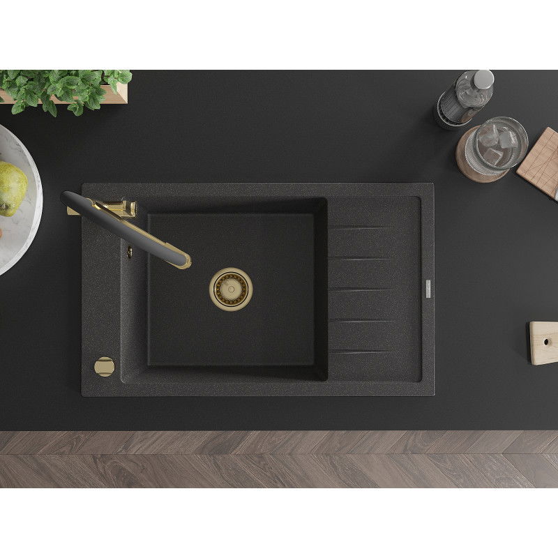 Mexen Elias fregadero de granito de 1 cubeta con escurridor y grifo de cocina Duo, negro moteado - 6511-76-671701-57-G
