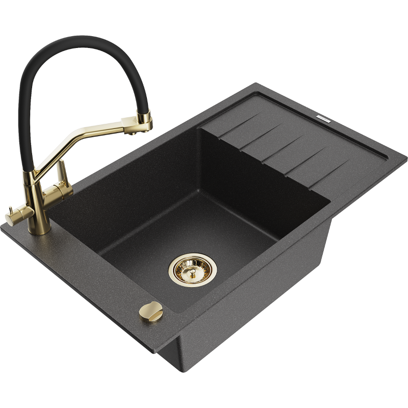 Mexen Elias 1-basin sink with draining board and Duo kitchen tap, speckled black - 6511-76-671701-57-G