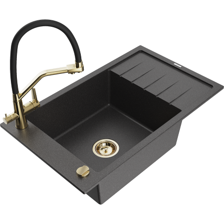 Mexen Elias 1-basin sink with draining board and Duo kitchen tap, speckled black - 6511-76-671701-57-G