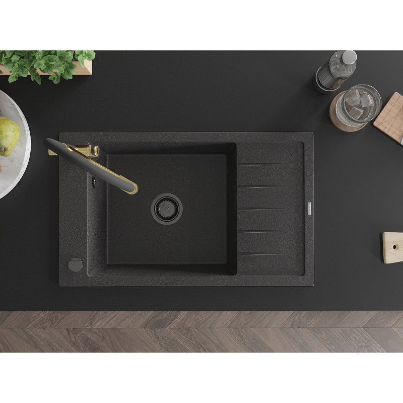 Mexen Elias lava-louça de granito de 1 cuba com escorredor e torneira de cozinha Duo, preto salpicado - 6511-76-671701-57-B