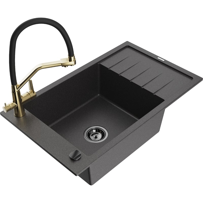 Mexen Elias 1-bowl granite sink with drainer and Duo kitchen faucet, black speckled - 6511-76-671701-57-B