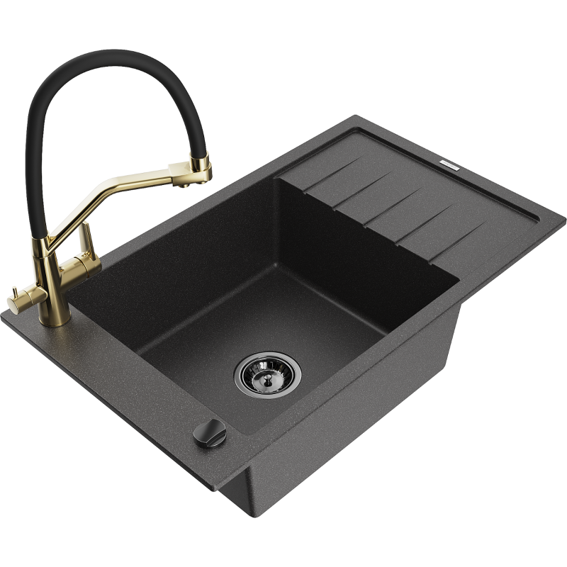Mexen Elias fregadero de granito de 1 seno con escurridor y grifo de cocina Duo, negro moteado - 6511-76-671701-57-B