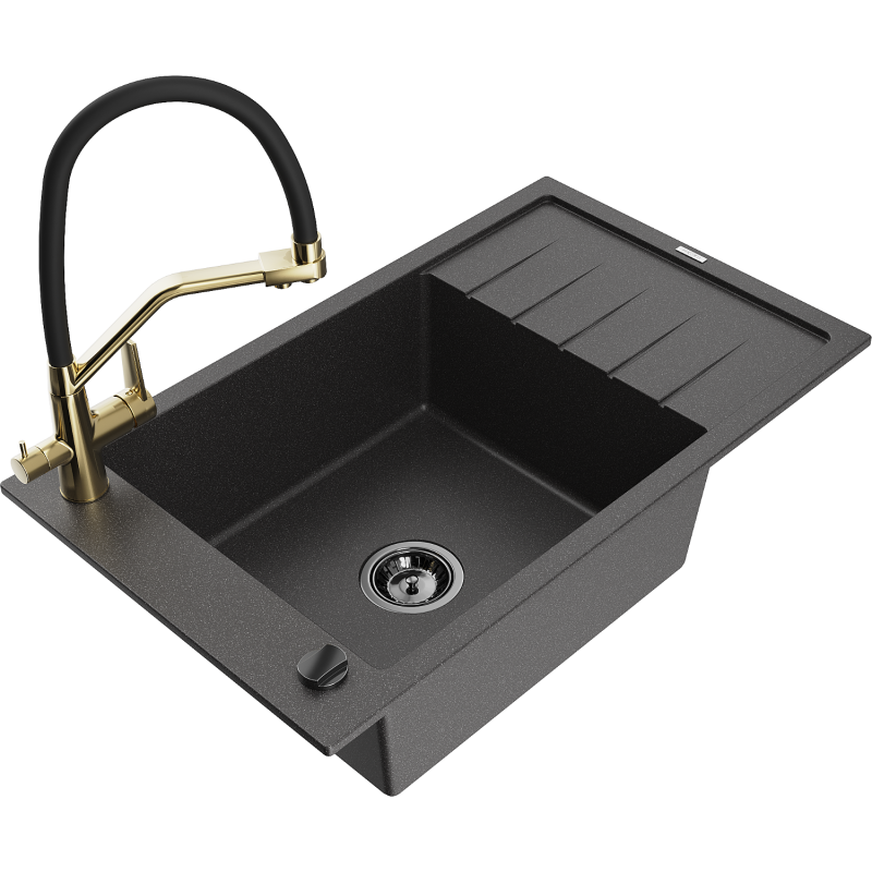 Mexen Elias granite sink 1-bowl with drainer and kitchen tap Duo, black speckled - 6511-76-671701-57-B