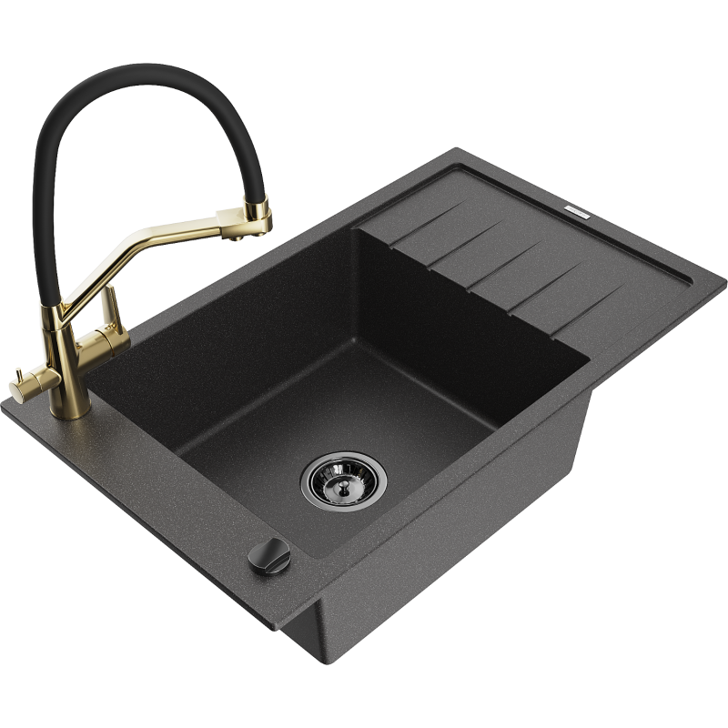 Mexen Elias lava-louça de granito de 1 cuba com escorredor e torneira de cozinha Duo, preto salpicado - 6511-76-671701-57-B