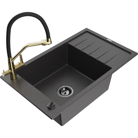 Mexen Elias 1-bowl granite sink with drainer and Duo kitchen faucet, black speckled - 6511-76-671701-57-B