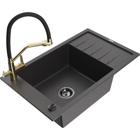 Mexen Elias granite sink 1-bowl with drainer and kitchen tap Duo, black speckled - 6511-76-671701-57-B