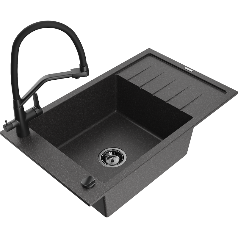 Mexen Elias fregadero de granito 1-cubeta con escurridor y grifo de cocina Duo, negro moteado - 6511-76-671701-70-B