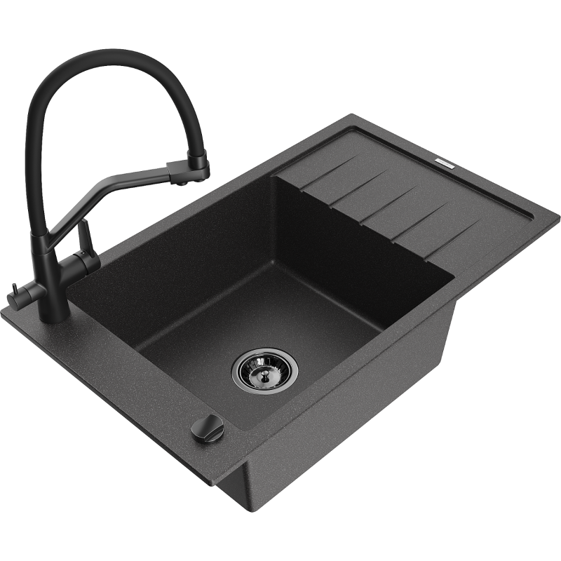 Mexen Elias granite sink, 1-bowl with drainer and Duo kitchen tap, black speckled - 6511-76-671701-70-B