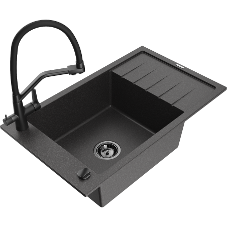 Mexen Elias évier en granit 1 bac avec égouttoir et robinet de cuisine Duo, noir moucheté - 6511-76-671701-70-B