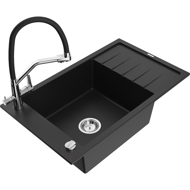 Mexen Elias évier en granit 1 bac avec égouttoir et robinet de cuisine Duo, noir - 6511-77-671701-07