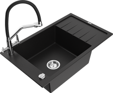 Mexen Elias granite sink 1-bowl with drainer and Duo kitchen faucet, black - 6511-77-671701-07