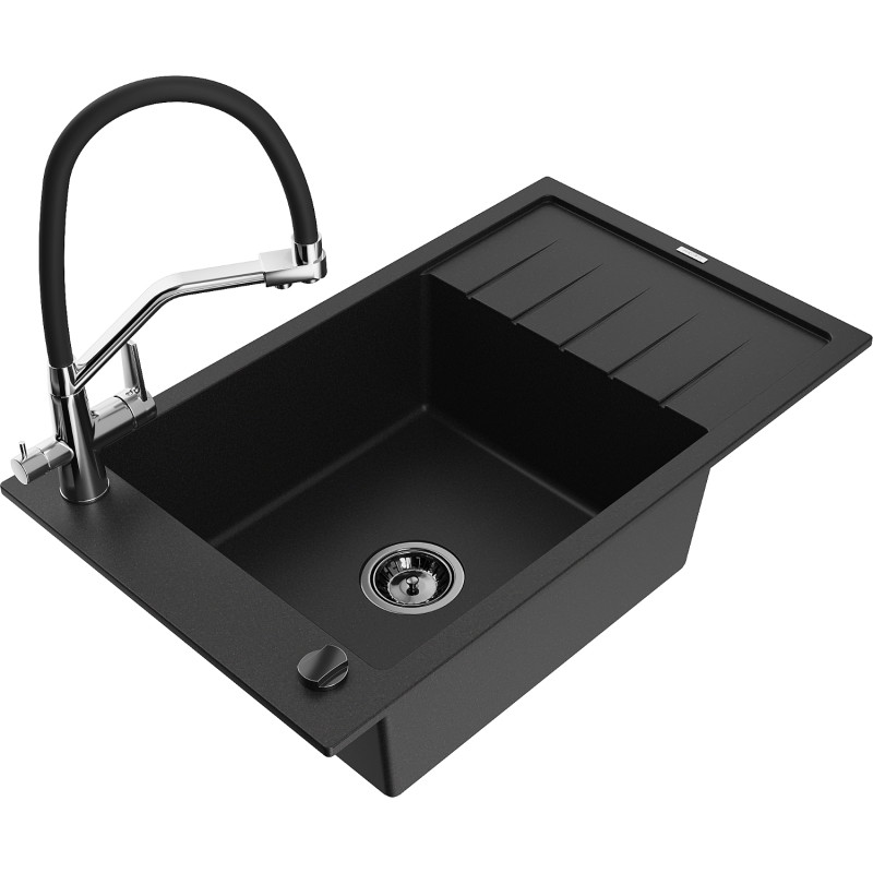 Mexen Elias fregadero de granito de 1 compartimento con escurridor y grifo de cocina Duo, negro - 6511-77-671701-07-B