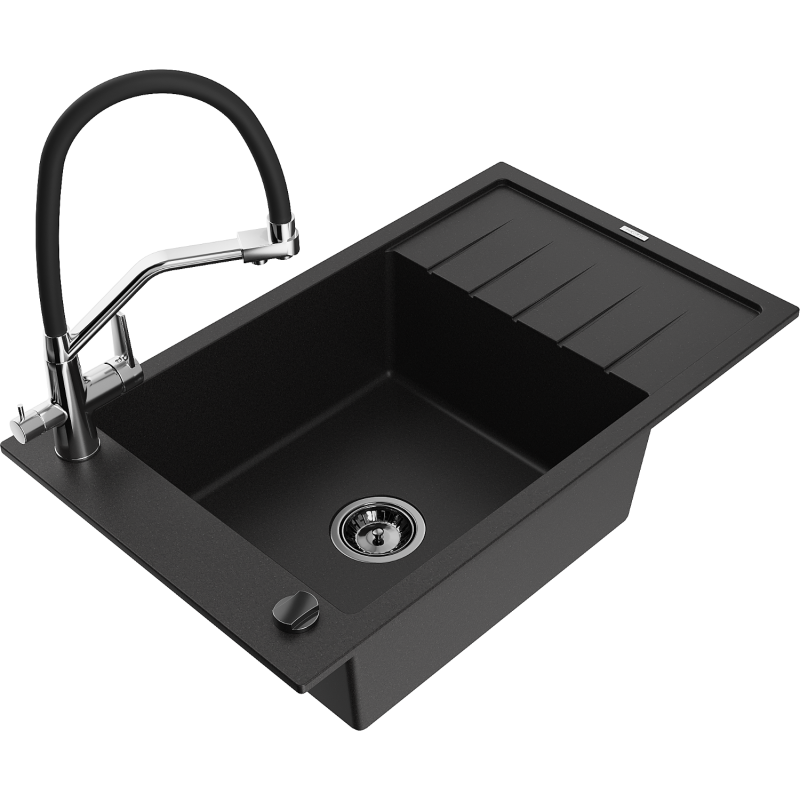 Mexen Elias fregadero de granito de 1 seno con escurridor y grifo de cocina Duo, negro - 6511-77-671701-07-B