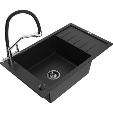 Mexen Elias fregadero de granito de 1 seno con escurridor y grifo de cocina Duo, negro - 6511-77-671701-07-B