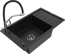 Mexen Elias 1-Bowl Granite Sink with Drainer and Duo Kitchen Faucet, Black - 6511-77-671701-07-B