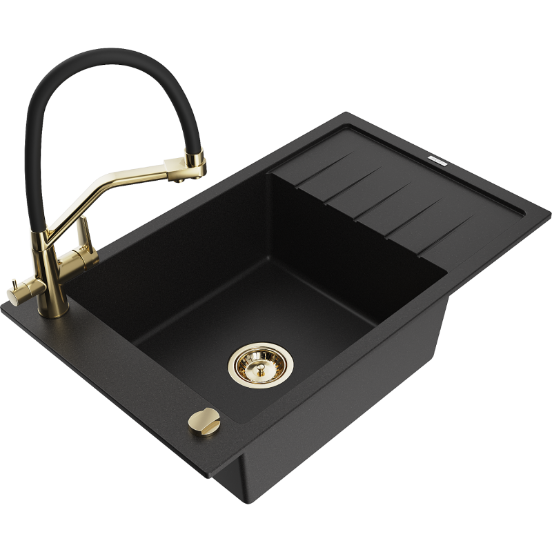 Mexen Elias lava-loiça de granito de 1 cuba com escorredor e torneira de cozinha Duo, preto - 6511-77-671701-57-G