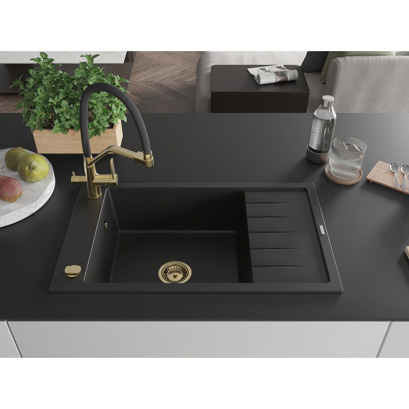 Mexen Elias single-bowl granite sink with drainer and Duo kitchen tap, black - 6511-77-671701-57-G