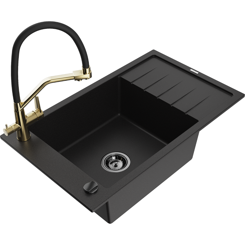 Mexen Elias fregadero de granito de 1 cubeta con escurridor y grifo de cocina Duo, negro - 6511-77-671701-57-B