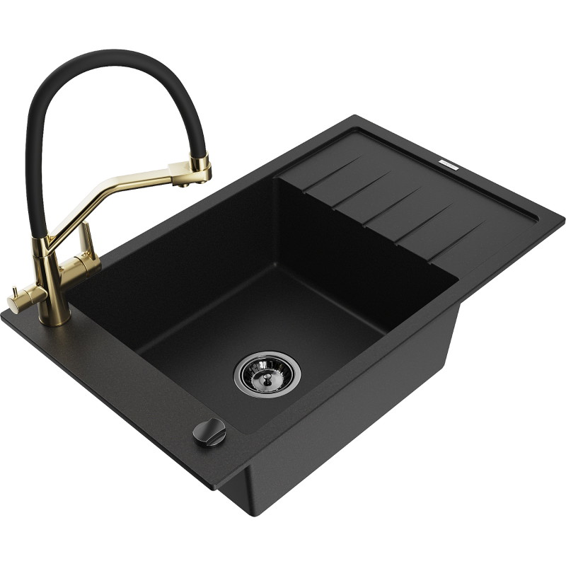 Mexen Elias fregadero de granito de 1 seno con escurridor y grifo de cocina Duo, negro - 6511-77-671701-57-B