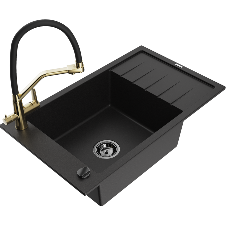 Mexen Elias fregadero de granito de 1 cubeta con escurridor y grifo de cocina Duo, negro - 6511-77-671701-57-B