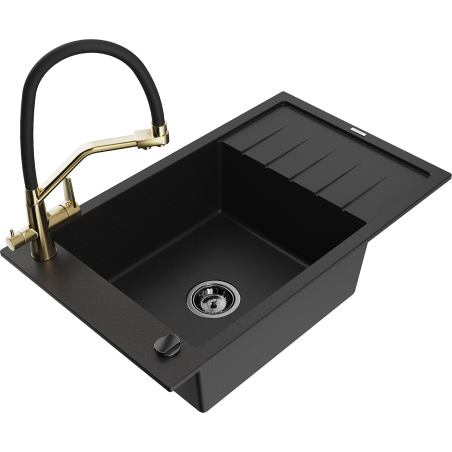 Mexen Elias granite kitchen sink with one bowl, drainboard, and kitchen faucet Duo, black - 6511-77-671701-57-B