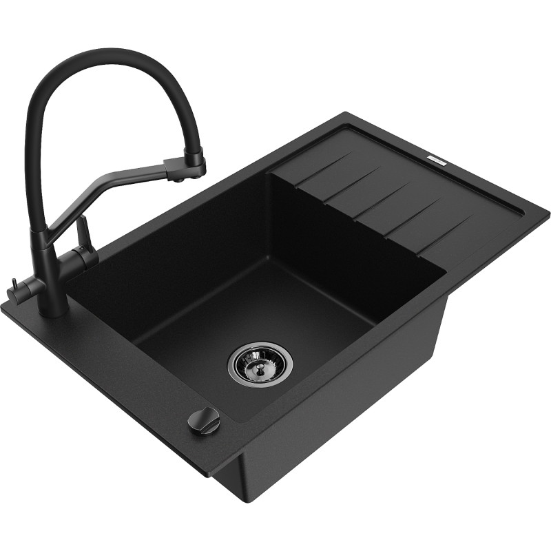 Mexen Elias fregadero de granito de 1 compartimento con escurridor y grifo de cocina Duo, negro - 6511-77-671701-70-B
