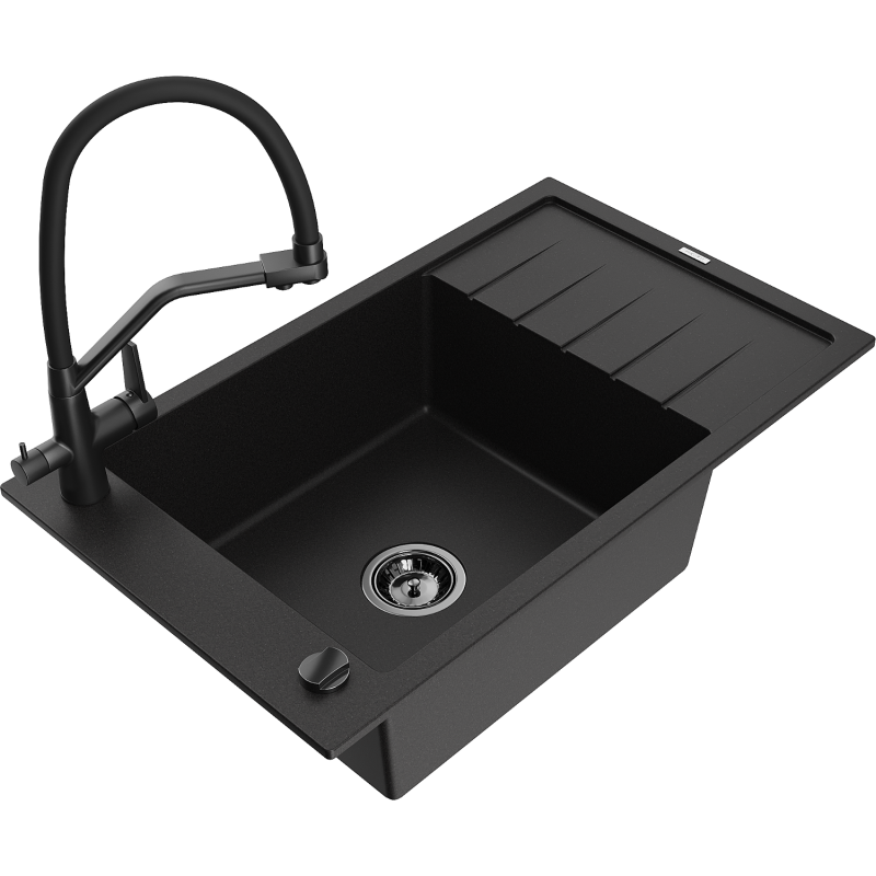 Mexen Elias fregadero de granito de 1 cubeta con escurridor y grifo de cocina Duo, negro - 6511-77-671701-70-B