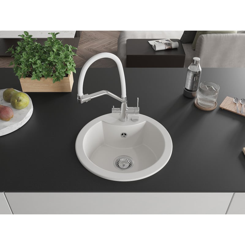 Mexen Diego 1-bowl granite sink with Duo kitchen tap, white - 6512-20-671701-02