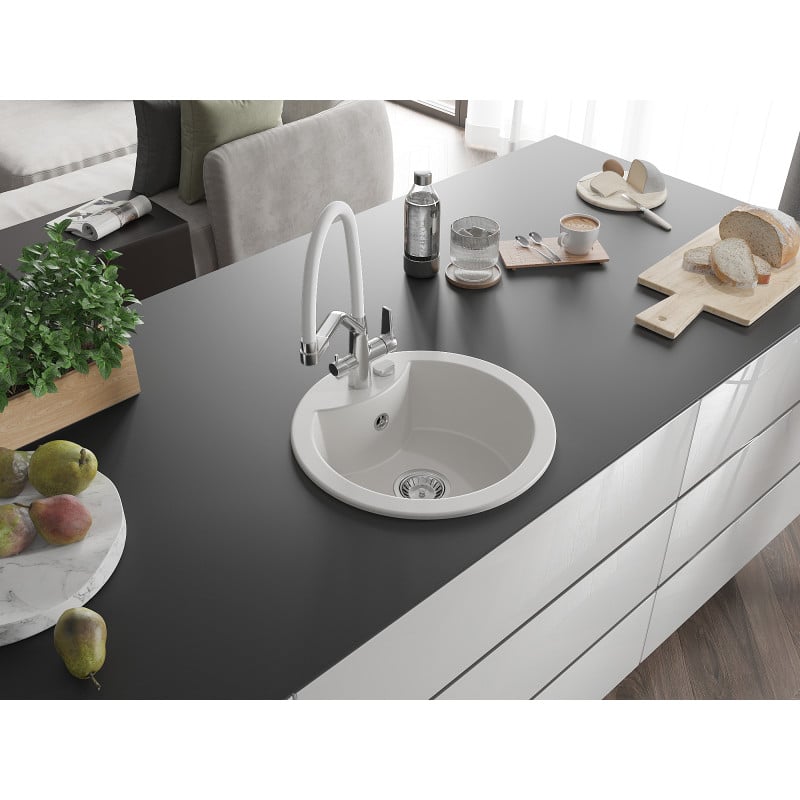 Mexen Diego 1-bowl granite sink with Duo kitchen tap, white - 6512-20-671701-02