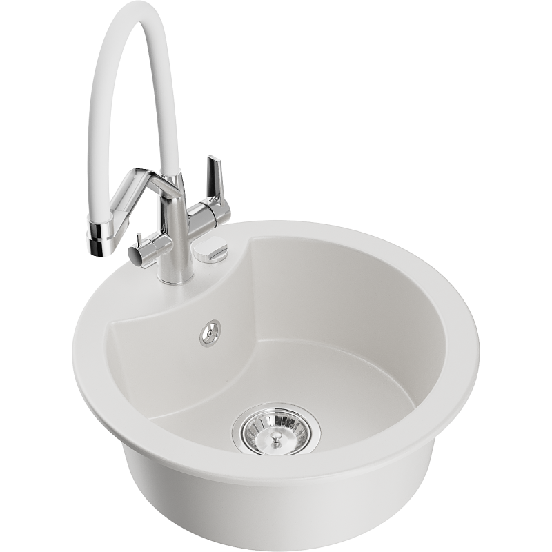 Mexen Diego fregadero de granito de 1 compartimento con grifo de cocina Duo, blanco - 6512-20-671701-02