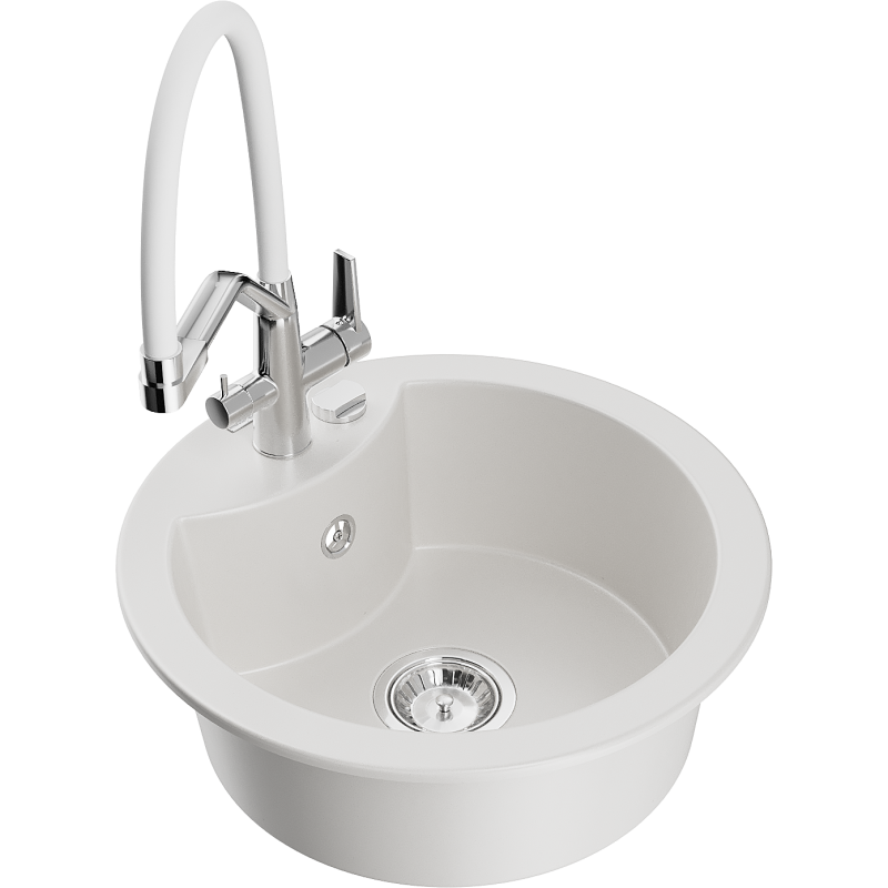 Mexen Diego graniittinen 1-altaainen keittiöallas Duo-keittiöhanalla, valkoinen - 6512-20-671701-02