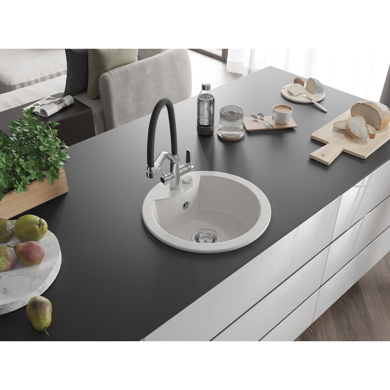 Mexen Diego 1-Bowl Granite Kitchen Sink with Duo Tap, White - 6512-20-671701-07
