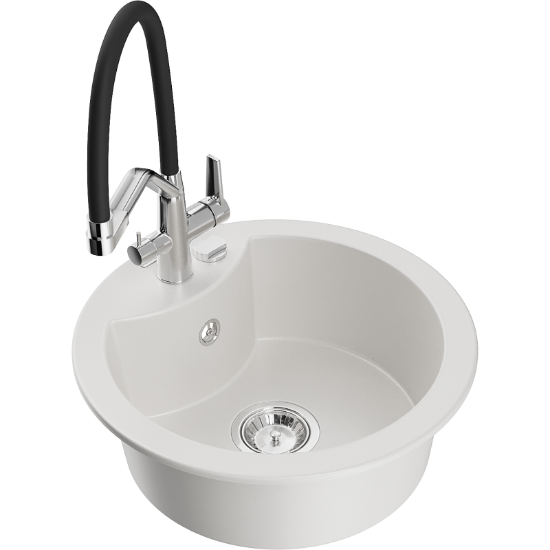 Mexen Diego 1-Bowl Granite Kitchen Sink with Duo Tap, White - 6512-20-671701-07