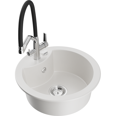 Mexen Diego 1-bowl granite sink with Duo kitchen faucet, white - 6512-20-671701-07