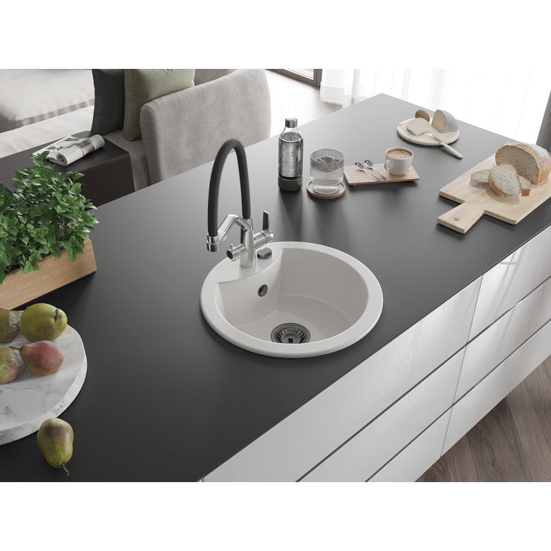 Mexen Diego 1-Bowl Granite Sink with Duo Kitchen Tap, White - 6512-20-671701-07-B