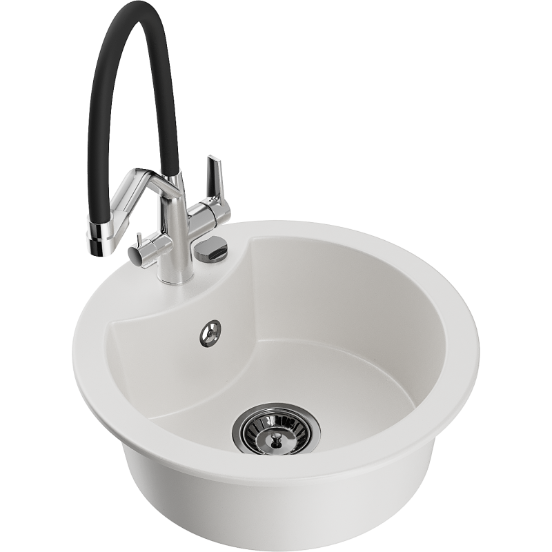 Mexen Diego 1-Bowl Granite Sink with Duo Kitchen Tap, White - 6512-20-671701-07-B