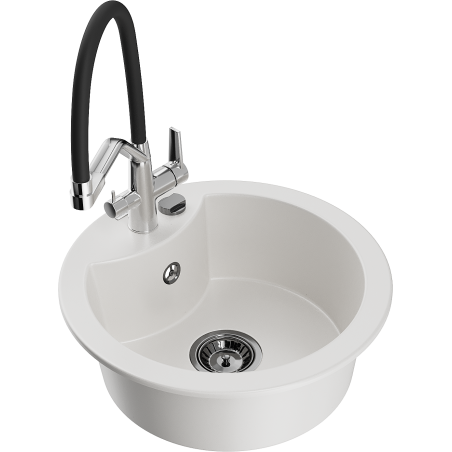 Mexen Diego 1-Bowl Granite Sink with Duo Kitchen Tap, White - 6512-20-671701-07-B