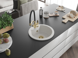 Mexen Diego yksi-allasinen graniittinen keittiöallas ja keittiöhana Duo, valkoinen - 6512-20-671701-57-G