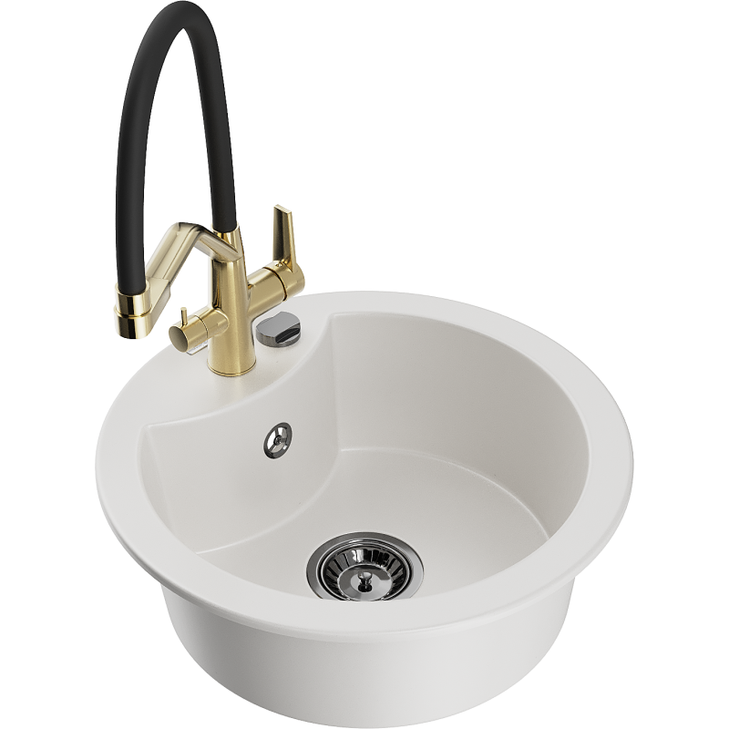 Mexen Diego Granite 1-Bowl Kitchen Sink with Duo Kitchen Tap, White - 6512-20-671701-57-B