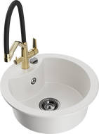 Mexen Diego Granite 1-Bowl Kitchen Sink with Duo Kitchen Tap, White - 6512-20-671701-57-B