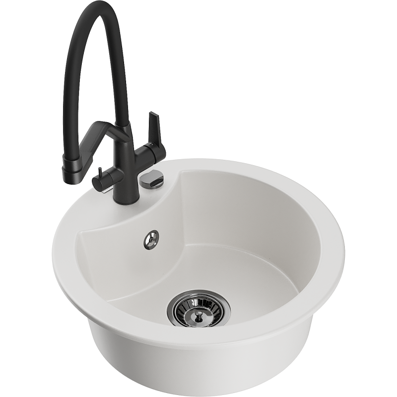 Mexen Diego 1-bowl granite sink with Duo kitchen tap, white - 6512-20-671701-70-B