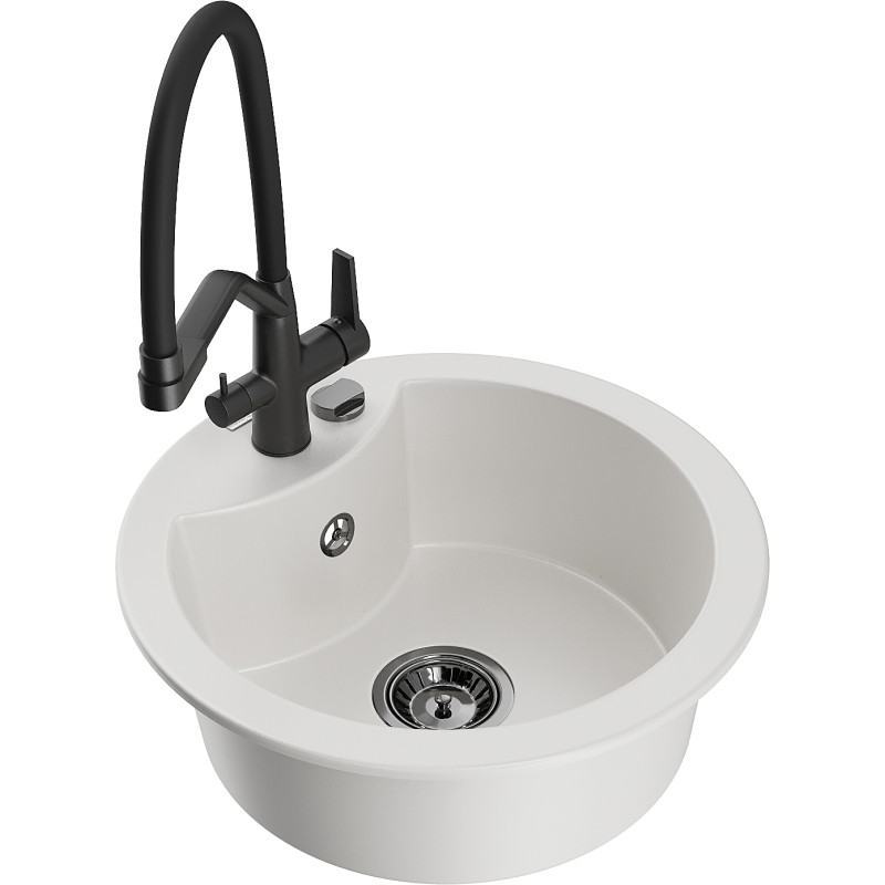 Mexen Diego fregadero de granito de 1 compartimento con grifo de cocina Duo, blanco - 6512-20-671701-70-B