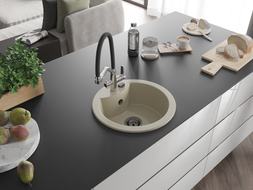 Mexen Diego granite single-bowl sink with Duo kitchen faucet, beige - 6512-69-671701-07-B