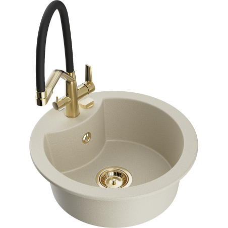 Mexen Diego granitēts izlietne ar 1 nodalījumu un duetu virtuves jaucējkrānu, bēšs - 6512-69-671701-57-G