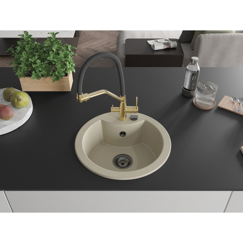 Mexen Diego fregadero de granito de 1 compartimento con grifo de cocina Duo, beige - 6512-69-671701-57-B