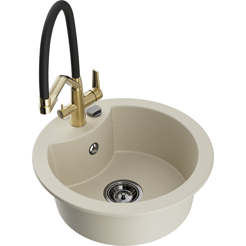 Mexen Diego granite sink 1-bowl with Duo kitchen faucet, beige - 6512-69-671701-57-B