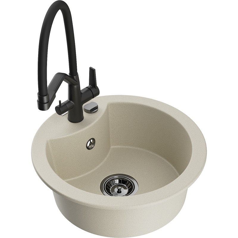 Mexen Diego granieten gootsteen 1-komors met keukenmengkraan Duo, beige - 6512-69-671701-70-B