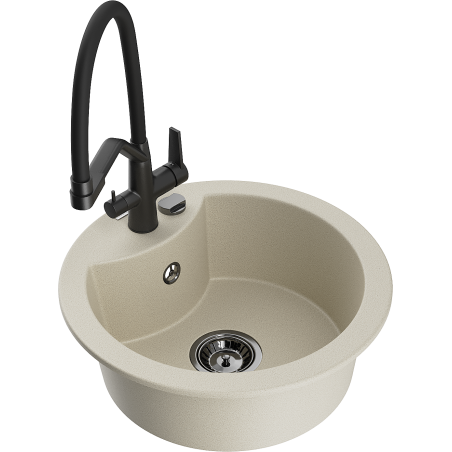 Mexen Diego granieten gootsteen 1-komors met keukenmengkraan Duo, beige - 6512-69-671701-70-B