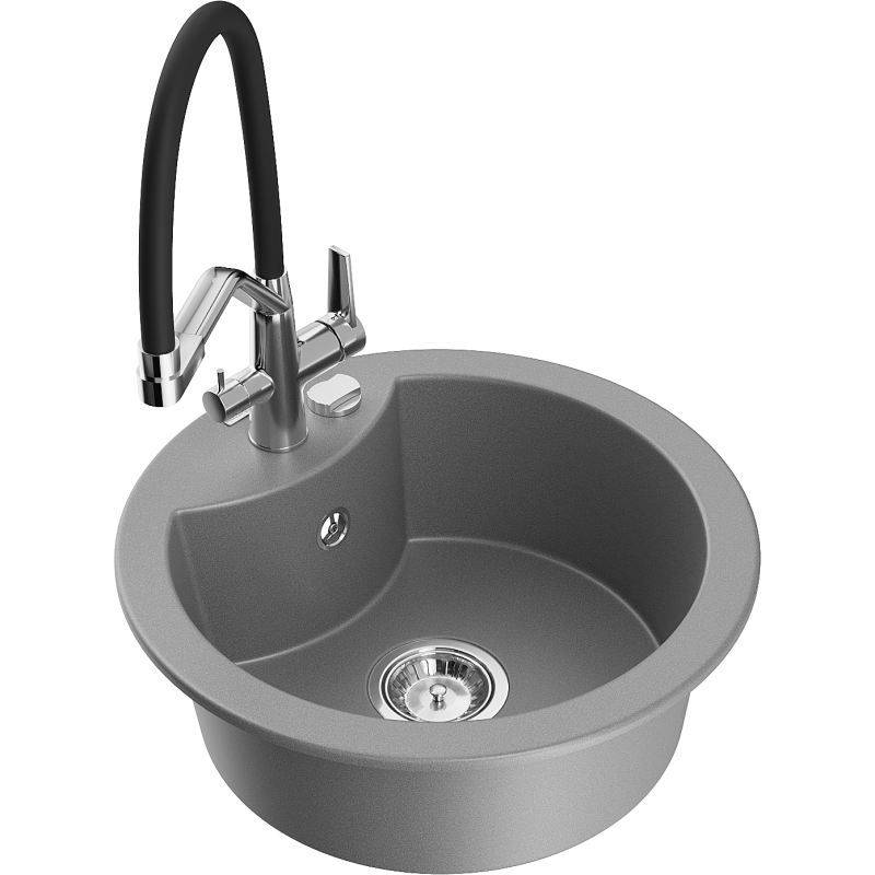 Mexen Diego granieten spoelbak 1-komors met keukenkraan Duo, grijs - 6512-71-671701-07